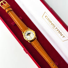 Load image into Gallery viewer, Vintage Constant Sun & Moon Phase Quartz Watch with Light Brown Leather Strap