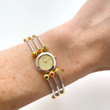 Load image into Gallery viewer, Very Rare 1990s Two-Tone Seiko Articulated Bangle Quartz Watch with Three Coloured Gemstones
