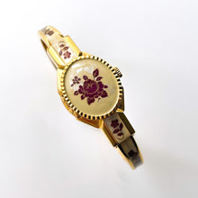 Load image into Gallery viewer, Vintage André Mouche Quartz Watch - Burgundy Floral Design, Concealed Dial, Gold-Plated