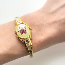 Load image into Gallery viewer, Vintage André Mouche Quartz Watch - Burgundy Floral Design, Concealed Dial, Gold-Plated