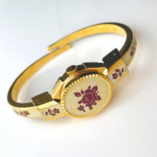 Load image into Gallery viewer, Vintage André Mouche Quartz Watch - Burgundy Floral Design, Concealed Dial, Gold-Plated