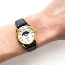 Load image into Gallery viewer, Vintage Constant Sun & Moon Phase Quartz Watch with Black Leather Strap