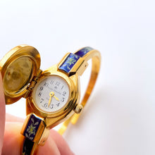Load image into Gallery viewer, Vintage André Mouche Crystal-Set Quartz Watch with Green and Navy Enamel Floral Design, Concealead Dial and Gold-Plated Bangle Bracelet