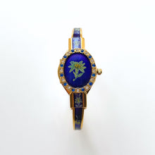 Load image into Gallery viewer, Vintage André Mouche Crystal-Set Quartz Watch with Green and Navy Enamel Floral Design, Concealead Dial and Gold-Plated Bangle Bracelet