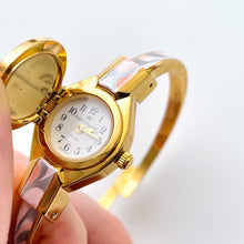 Load image into Gallery viewer, Vintage André Mouche Quartz Watch with White & Pink Enamel Floral Design, Concealead Dial and Gold-Plated Bangle Bracelet