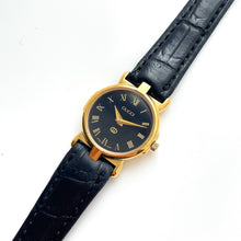 Load image into Gallery viewer, 90s Gold-Plated Ladies' Gucci Quartz Watch with Black Leather Strap - Boxed