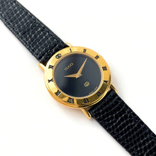 Load image into Gallery viewer, 90s Gold-Plated Gucci Quartz Watch with Black Leather Strap