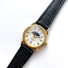 Load image into Gallery viewer, Vintage Constant Sun & Moon Phase Quartz Watch with Black Leather Strap