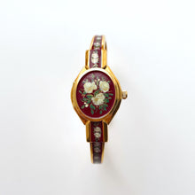 Load image into Gallery viewer, Vintage André Mouche Quartz Watch with Burgundy Enamel Floral Design, Concealead Dial and Gold-Plated Bangle Bracelet
