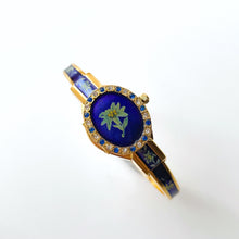 Load image into Gallery viewer, Vintage André Mouche Crystal-Set Quartz Watch with Green and Navy Enamel Floral Design, Concealead Dial and Gold-Plated Bangle Bracelet