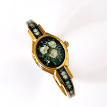 Load image into Gallery viewer, Vintage André Mouche Quartz Watch with Black and Green Enamel Floral Design, Concealead Dial and Gold-Plated Bangle Bracelet