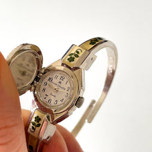 Load image into Gallery viewer, Vintage André Mouche Quartz Watch with Pink Enamel Floral Design, Concealead Dial and Silver Tone Bangle Bracelet