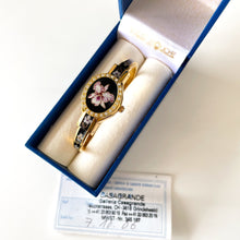 Load image into Gallery viewer, Vintage André Mouche Quartz Watch with Black and Purple Enamel Floral Design, Concealead Dial and Gold-Plated Bangle Bracelet