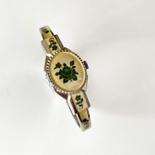 Load image into Gallery viewer, Vintage André Mouche Quartz Watch with Pink Enamel Floral Design, Concealead Dial and Silver Tone Bangle Bracelet