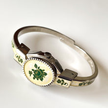 Load image into Gallery viewer, Vintage André Mouche Quartz Watch with Pink Enamel Floral Design, Concealead Dial and Silver Tone Bangle Bracelet