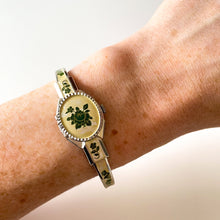 Load image into Gallery viewer, Vintage André Mouche Quartz Watch with Pink Enamel Floral Design, Concealead Dial and Silver Tone Bangle Bracelet