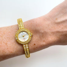 Load image into Gallery viewer, Vintage Pedre Mother of Pearl Quartz Watch with Gold-Plated Crystal-Set Bangle Bracelet