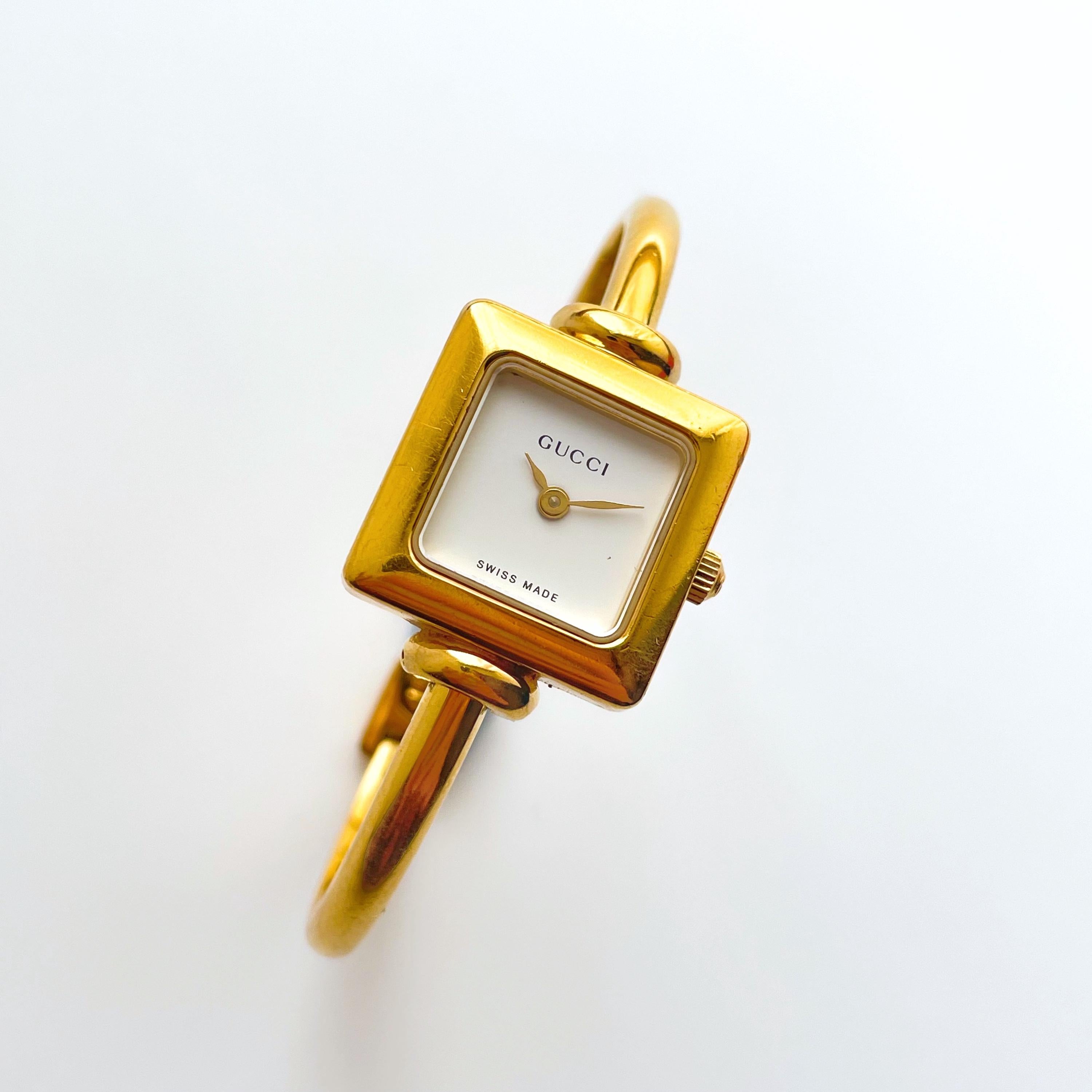 90s Ladies Gold Plated Gucci Bangle Quartz Watch with Square Dial Finchley Watches