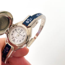 Load image into Gallery viewer, Vintage André Mouche Quartz Watch with Navy Enamel Floral Design, Concealead Dial and Silver-Tone Bangle Bracelet