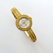 Load image into Gallery viewer, Vintage Pedre Mother of Pearl Quartz Watch with Gold-Plated Crystal-Set Bangle Bracelet