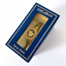 Load image into Gallery viewer, Vintage André Mouche Quartz Watch with Black Enamel Floral Design, Concealead Dial and Gold-Plated Bangle Bracelet