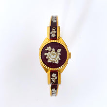 Load image into Gallery viewer, Vintage André Mouche Quartz Watch with Burgundy Enamel Floral Design, Concealead Dial and Gold-Plated Bangle Bracelet