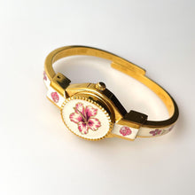 Load image into Gallery viewer, Vintage André Mouche Quartz Watch with Pink Enamel Floral Design, Concealed Dial and Gold-Plated Bangle Bracelet