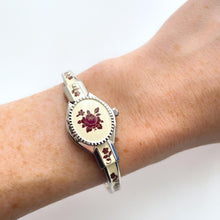 Load image into Gallery viewer, Vintage André Mouche Quartz Watch with Burgundy Enamel Floral Design, Concealed Dial and Silver-Tone Bangle Bracelet