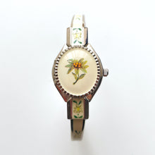 Load image into Gallery viewer, Vintage André Mouche Quartz Watch with Enamel Floral Design, Concealed Dial and Silver-Tone Bangle Bracelet