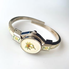 Load image into Gallery viewer, Vintage André Mouche Quartz Watch with Enamel Floral Design, Concealed Dial and Silver-Tone Bangle Bracelet