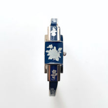 Load image into Gallery viewer, Vintage André Mouche Quartz Watch with Navy Enamel Floral Design, Concealed Dial and Stainless Steel Bangle Bracelet