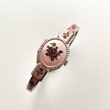 Load image into Gallery viewer, Vintage 1990s André Mouche Quartz Watch with Pink & Burgundy Enamel Floral Design, Concealed Dial and Silver-Tone Bangle Bracelet