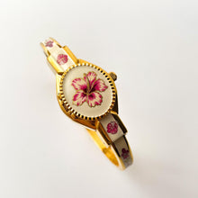 Load image into Gallery viewer, Vintage André Mouche Quartz Watch with Pink Enamel Floral Design, Concealed Dial and Gold-Plated Bangle Bracelet