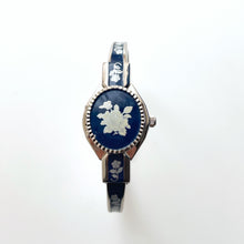Load image into Gallery viewer, Vintage André Mouche Quartz Watch with Navy Enamel Floral Design, Concealed Dial and Silver-Tone Bangle Bracelet