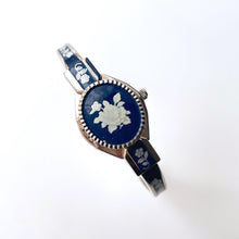 Load image into Gallery viewer, Vintage André Mouche Quartz Watch with Navy Enamel Floral Design, Concealed Dial and Silver-Tone Bangle Bracelet