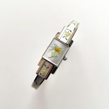 Load image into Gallery viewer, Vintage 1999 André Mouche Quartz Watch with Enamel Floral Design, Concealed Dial and Stainless Steel Bangle Bracelet