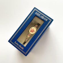 Load image into Gallery viewer, Vintage 1999 André Mouche Quartz Watch with Pink Enamel Floral Design, Concealed Dial and Silver-Tone Bangle Bracelet