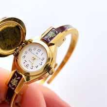 Load image into Gallery viewer, Vintage André Mouche Quartz Watch with Burgundy Enamel Floral Design, Concealead Dial and Gold-Plated Bangle Bracelet