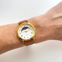 Load image into Gallery viewer, Vintage Unisex Gold-Tone Berkeley Moon Phase Quartz Watch With Brown Leather Strap
