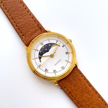 Load image into Gallery viewer, Vintage Unisex Gold-Tone Berkeley Moon Phase Quartz Watch With Brown Leather Strap