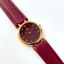 Load image into Gallery viewer, Vintage 1990s Gold-Plated Ladies' Givenchy 'Griffe' Quartz Watch with Burgundy Dial and Leather Strap