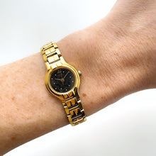 Load image into Gallery viewer, Vintage 00s Gold-Plated Ladies' Seiko Quartz Watch with Black Dial and Thin Bracelet