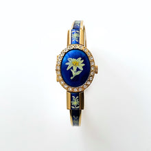 Load image into Gallery viewer, Vintage R. Müller Quartz Watch with Blue Enamel Floral Design, Concealed Dial and Gold-Plated Bangle Bracelet