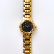 Load image into Gallery viewer, Vintage 00s Gold-Plated Ladies' Seiko Quartz Watch with Black Dial and Thin Bracelet