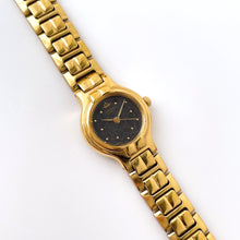 Load image into Gallery viewer, Vintage 00s Gold-Plated Ladies' Seiko Quartz Watch with Black Dial and Thin Bracelet