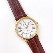 Load image into Gallery viewer, Vintage Ladies' Gold-Plated Longines Presence Quartz Watch with Brown Leather Strap