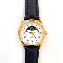 Load image into Gallery viewer, Vintage Ladies' Gold-Plated Lorus Sun & Moon Quartz Watch with Black Leather Strap