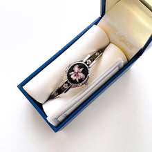 Load image into Gallery viewer, Vintage André Mouche Quartz Watch with Black & Purple Enamel Floral Design, Concealed Dial and Silver-Tone Bangle Bracelet