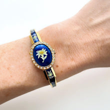 Load image into Gallery viewer, Vintage R. Müller Quartz Watch with Blue Enamel Floral Design, Concealed Dial and Gold-Plated Bangle Bracelet