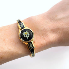 Load image into Gallery viewer, Vintage André Mouche Quartz Watch with Black and Green Enamel Floral Design, Concealed Dial and Gold-Plated Bangle Bracelet